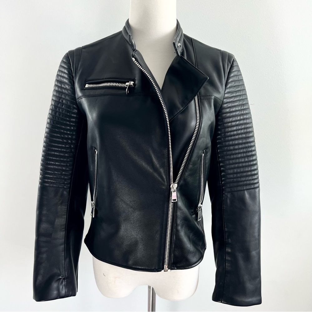 NEW Zara Moto Faux Leather Biker Black Jacket Size S M